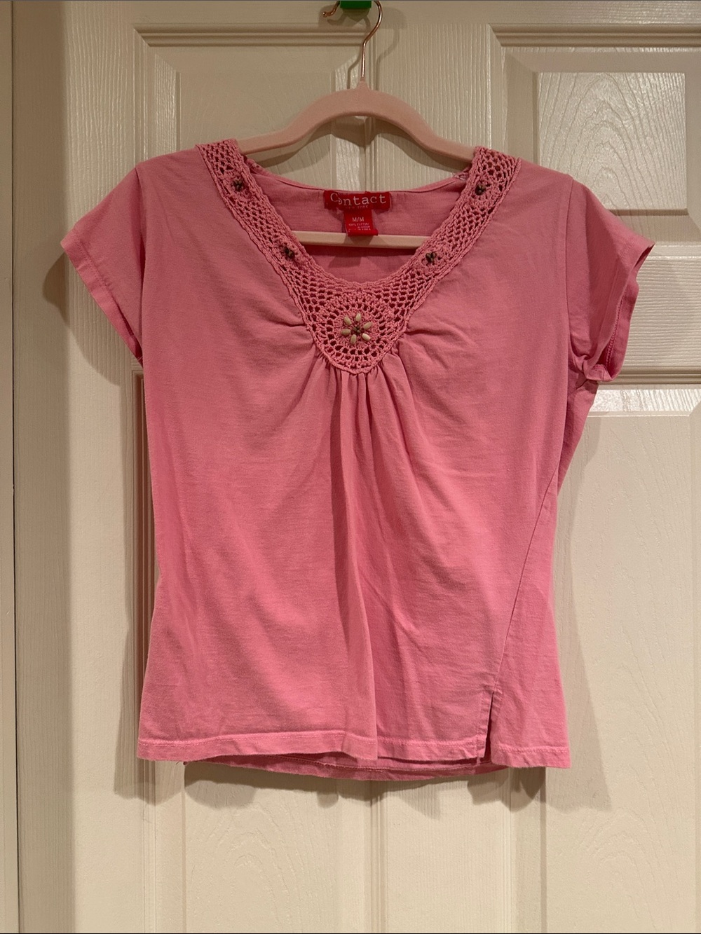 Pink Crochet-Trim Short Sleeve Tee